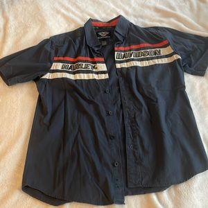 Navy blue, tan and orange H-D mechanics shirt, button up, short sleeve, size L